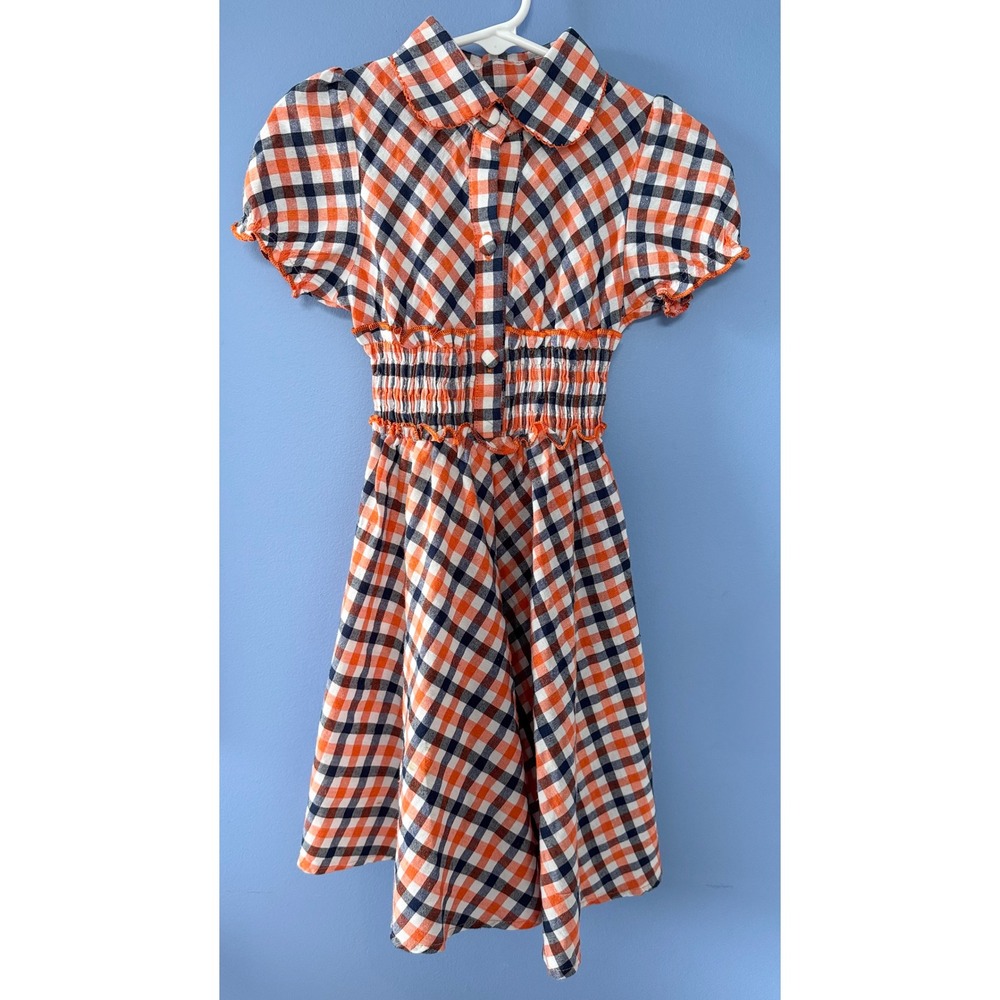 Maria Elena Girls 4T Orange Navy Gingham Plaid Smocked Waist Fit & Flare Dress